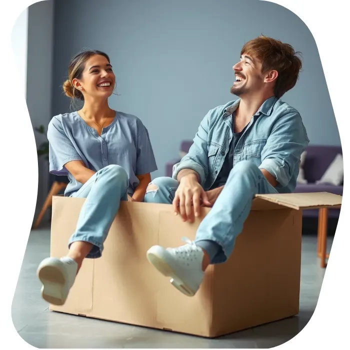 Two guys sitting on the floor of their apartment with Muval moving boxes
